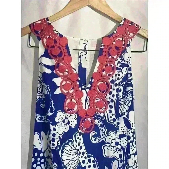 Lilly Pulitzer Augusta Shift Dress Deep Sea Blue Quahog Chowdah Lace Trim Size 6 - Picture 5 of 9